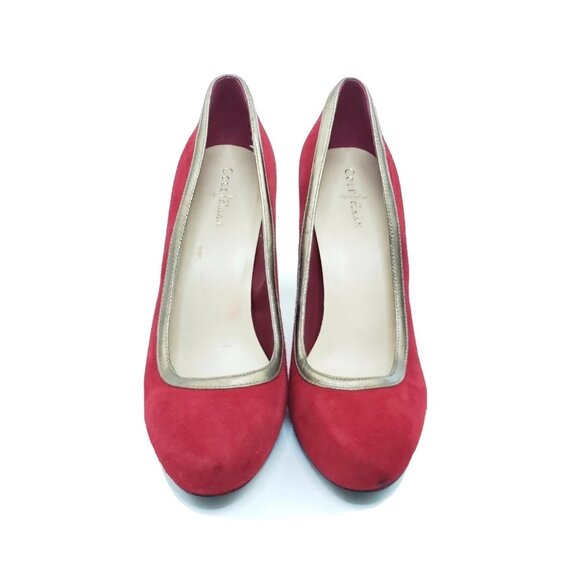 Cole Haan Edie High Party Pump Womens Red Suede Gold Trim Heels Size 8B - Picture 3 of 11